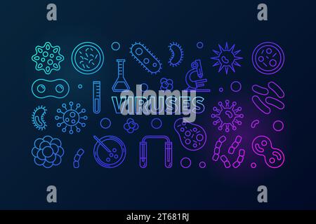 Virus illustrazione a linee colorate. Banner di concetto vettoriale realizzato con virus e batteri delineano le icone su sfondo scuro Illustrazione Vettoriale