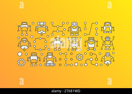 Banner vettoriale orizzontale con icone robot su sfondo giallo. Illustrazione del concetto di robot Illustrazione Vettoriale