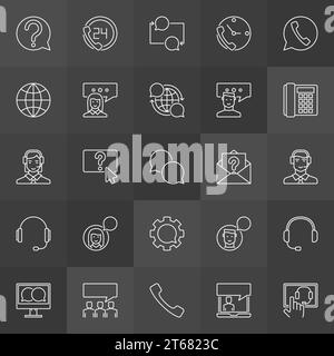 Icone di assistenza clienti - la raccolta vettoriale del concetto di assistenza delinea i segnali su sfondo scuro Illustrazione Vettoriale