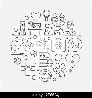 Illustrazione vettoriale rotonda per uso veterinario con icone lineari. Cartello circolare PET Clinic sottile Illustrazione Vettoriale