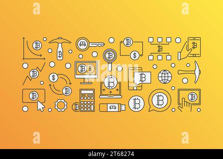 Banner vettore minimo Bitcoin. Illustrazione del concetto di mining di criptovaluta digitale su sfondo arancione Illustrazione Vettoriale