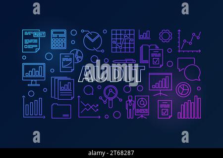 Controlla banner o illustrazione a colori vettoriali orizzontali realizzati con l'analisi dei dati e le icone delle linee grafiche su sfondo scuro Illustrazione Vettoriale