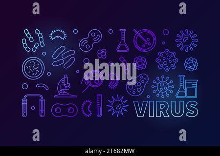 Illustrazione blu del virus vettoriale o banner realizzato con virus e batteri icone di linea su sfondo scuro Illustrazione Vettoriale