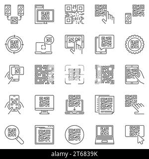 Set di icone di concetto vettoriale per la descrizione del codice QR. Codice di risposta rapida scansione simboli lineari o elementi del logo Illustrazione Vettoriale