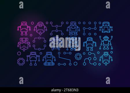 Illustrazione colorata dei robot. Banner vettoriale orizzontale realizzato con icone robot di contorno su sfondo scuro Illustrazione Vettoriale