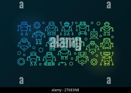 Illustrazione colorata di robot - banner vettoriale orizzontale realizzato con icone lineari di robot su sfondo scuro Illustrazione Vettoriale
