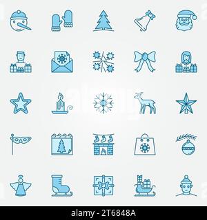 Set di icone blu natalizie - segni creativi o elementi con logo per Natale e Capodanno Illustrazione Vettoriale