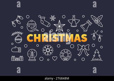 Illustrazione orizzontale o banner natalizio con icone e segni di contorno natalizi su sfondo scuro Illustrazione Vettoriale
