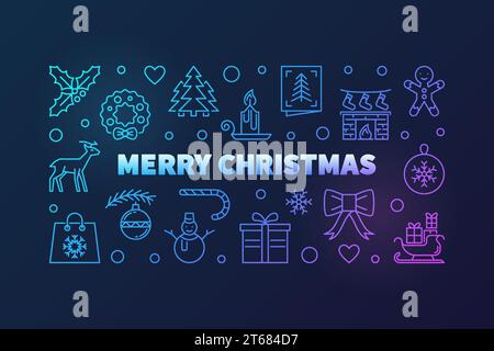 Colorato allegro Natale illustrazione vettoriale orizzontale o banner realizzato con icone creative con linee sottili di Natale su sfondo scuro Illustrazione Vettoriale