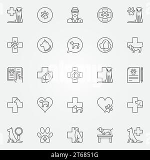 Set di icone veterinarie per cani. Clinica veterinaria vettoriale e ospedale per cani segni di concetto o elementi di design in linea sottile Illustrazione Vettoriale