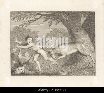 Il Tame Stag. Un pugno selvaggio nel collare attacca un gruppo di uomini sotto un albero, battendo su un uomo e pugnalando un altro con le sue formiche. Incisione su copperplate di William Blake dopo un'illustrazione di John Wootton da Fables di John Gay, con una vita dell'autore, John Stockdale, Londra, 1793. Foto Stock