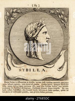 Ritratto di una Sibilla, profeta femminile o oracolo dell'antica Grecia. Sybilla. Sibilla abissina. Incisione su lastra di rame di Pieter Bodart (1676-1712) da Henricus Spoors Deorum et Heroum, Virorum et Mulierum Illustrium Imagines Antiquae Illustatae, Gods and Heroes, Men and Women, Illustrated with Antique Images, Petrum, Amsterdam, 1715. Pubblicato per la prima volta come Favissæ utriusque antiquitatis tam Romanæ quam Græcæ nel 1707. Henricus Spoor era un medico olandese, studioso classico, poeta e scrittore, fl. 1694-1716. Foto Stock