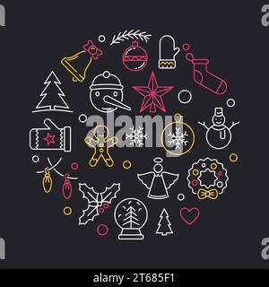 Illustrazione vettoriale rotonda moderna natalizia realizzata con icone lineari di Natale su sfondo scuro Illustrazione Vettoriale
