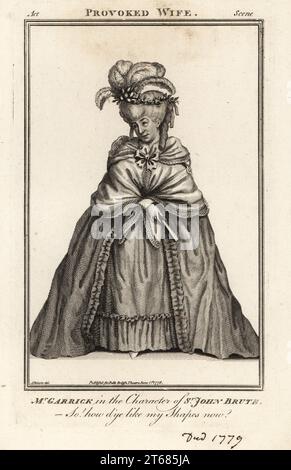 David Garrick in Drag in il personaggio di Sir John Brute in John Vanbrughs The Provokd Wife, Drury Lane Theatre, Garrick è stato un attore, drammaturgo, direttore teatrale e produttore inglese, 1717-1779. Incisione a piastra di rame su un'illustrazione di James Roberts del Bells British Theatre, composta dalle più stimate opere teatrali inglesi, John Bell, Londra, 1777. Foto Stock