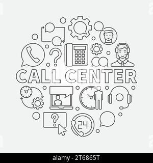 Illustrazione rotonda di Call Center. Simbolo circolare del concetto di servizio clienti vettoriale in stile linea sottile Illustrazione Vettoriale