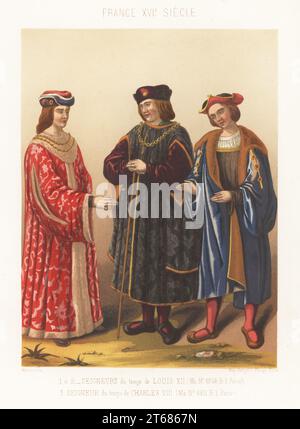 Costume degli aristocratici all'epoca di Luigi XII 1,2 e Carlo VIII 3. Indossano lunghi cappotti foderati in pelliccia e cappelli piatti. Seigneurs du temps de Louis XII, et du temps de Charles VIII Tratto da MS 4984 e MS 6811, Bibliotheque Imperiale de Paris. Chromolithograph di Moulin da Charles Louandres Les Arts Somptuaires, The Sumptuary Arts, Hangard-Mauge, Parigi, 1858. Foto Stock