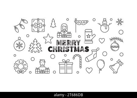 Buon Natale illustrazione orizzontale vettoriale. Il banner di Natale creativo ha creato icone a forma di cerchio Illustrazione Vettoriale