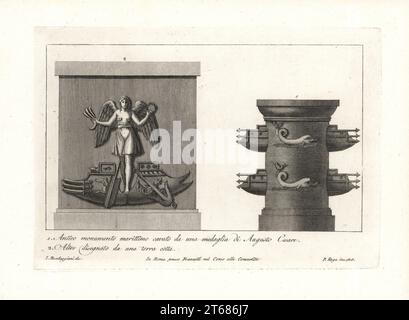 Antico monumento navale con barques e delfini presi da una medaglia di Augusto Cesare 1, e un altro monumento in terracotta con ala Vittoria figura, Oar, ancora e barque 2. Incisione copperplate di Pietro Ruga dopo un'illustrazione di Lorenzo Rocceggiani da 100 tavole di costumi religiosi, civili e militari degli antichi Egiziani, Etruschi, Greci e Romani, Franzetti, Roma, 1802. Foto Stock