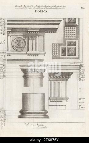 Colonna ordine dorico con entablatura. Dorische Säule mit Gebälkstücken. Copiato da Des ordres des colonnes di Abraham Bosse. Incisione su lastra di rame di Johann Franck di Joachim von Sandrarts LAcademia Todesca, della Architectura, Scultura & Pittura, oder Teutsche Academie, der Edlen Bau- Bild- und Mahlerey-Kunste, Accademia tedesca di architettura, scultura e pittura, Jacob von Sandrart, Norimberga, 1675. Foto Stock