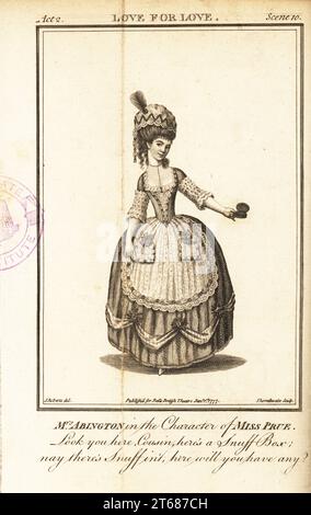 La signora Frances Abington o Fanny Abington nel personaggio di Miss Prue in William Congreves Love for Love. Incisione Copperplate di J. Thornthwaite su un'illustrazione di James Roberts del Bells British Theatre, composta dalle più stimate opere teatrali inglesi, John Bell, Londra, 1780. Foto Stock