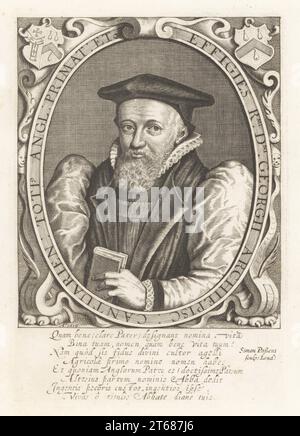 George Abbot, divino calvinista inglese, Arcivescovo di Canterbury, 1562-1633. In berretto, colletto a ruggine, accappatoio con maniche a soffietto, con in mano un libro. Incisione su lastra di rame di Simon van de Pass dalla Samuel Woodburns Gallery di rari ritratti costituiti da piastre originali, George Jones, 102 St Martins Lane, Londra, 1816. Foto Stock