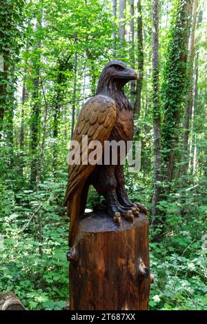 Un percorso artistico, con sculture di animali di Andrew Lyons provenienti da una sequoia, esiste all'interno della foresta di Hanmer Springs. Si tratta di una bella passeggiata, ideale per chi vuole andare a piedi Foto Stock