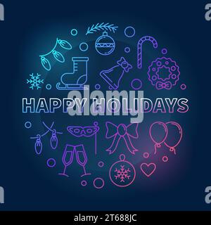 Illustrazione vettoriale rotonda di Happy Holidays realizzata con icone natalizie o natalizie in linea sottile su sfondo scuro Illustrazione Vettoriale