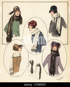 Donne alla moda in cappelli di cloche e sciarpe di pelliccia. Sciarpa di visone con teste e code 93a, ermine 94,95,96, visone 97, pelle di meleskin 99, cravatta in castoro ed ermine 98. Litografia colorata a mano da Modeles Originaux de Fourrures, modelli originali in Fur, n° 17, Atelier Bachwitz, Vienna, 1926. Foto Stock