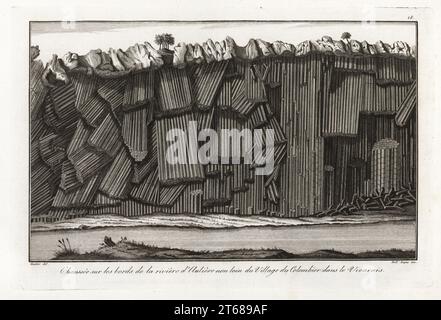 Causeway sulle rive del fiume Auliere vicino a Colombier, catena del Vivarais, Francia. Colonnato di basalto irregolare su uno strato di sabbia su ciottoli. Dopo un progetto di Arnault Eloi Gautier DAgoty in Recherches sur les volcans Eeteints di Barthelemy Faujas de Saint-Fond, 1778. Chaussee sur les bords de la riviere d'Auliere non loin du Village du Colombier dans le Vivarais. Incisione a lastra di rame di Giuseppe Dall'acqua di Scipion Breislaks Traite sur la Structure exterieure du Globe, Trattato sulla struttura esterna del Globe, Jean-Pierre Giegler, Milano, 1822. Foto Stock