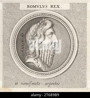 Romolo, leggendario fondatore e primo re di Roma. Romulus Rex. Incisione su lastra di rame dopo un'illustrazione di Joachim von Sandrart dalla sua LAcademia Todesca, della Architectura, Scultura & Pittura, oder Teutsche Academie, der Edlen Bau- Bild- und Mahlerey-Kunste, Accademia tedesca di architettura, scultura e pittura, Jacob von Sandrart, Norimberga, 1675. Foto Stock