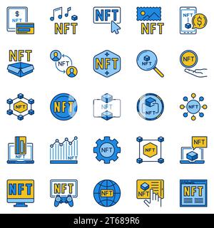 Tecnologia NFT - insieme di simboli o icone di concetto vettoriale colorate con token non fungibili Illustrazione Vettoriale