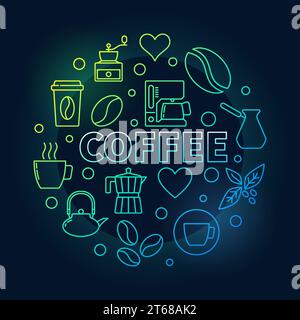 Illustrazione rotonda a colori del caffè. Segno di concetto vettoriale realizzato con icone di caffè in linea su sfondo scuro Illustrazione Vettoriale