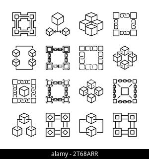 Icone catena di blocchi. Raccolta di 16 insegne concettuali blockchain vettoriali in stile thin line Illustrazione Vettoriale