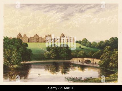 Blenheim Palace, Oxfordshire, Inghilterra. Palazzo in stile barocco inglese costruito da Sir John Vanbrugh per John Churchill, i duca di Marlborough all'inizio del XVIII secolo. Colorazione del legno di Benjamin Fawcett nel processo Baxter di un'illustrazione di Alexander Francis Lydon del reverendo Francis Orpen Morriss pittoresche vedute dei sedili dei nobili e dei signori di Gran Bretagna e Irlanda, William Mackenzie, Londra, 1880. Foto Stock