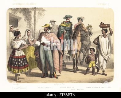 Costumi del popolo messicano, 1858. Contadine donne in camicette bianche e gonne colorate, ranchero (contadino) in poncho e chaps, gentiluomo e signora a cavallo, e contadina e figlia di Tierra Caliente (Michoacán, Guerrero e Messico). Poblanas (paysannes), ranchero (fermier), cavalier Mexicain, dame Mexicaine, femme et enfant de Terra Caliente. Litografia colorata a mano e tinta seppia di Jean-Adolphe Bocquin dopo un'illustrazione di Felix Fossey di Elisabeth Muller (pseudonimo di Leonie Bedelet)s le Monde en Estampes, The World in Prints, Amadee Bedelet, Parigi, 1858. Foto Stock