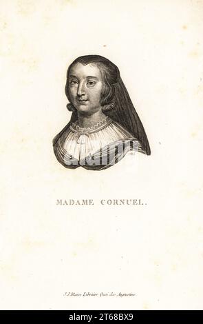 Ritratto di Anne-Marie Bigot de Cornuel, 16051694, salonnière francese a Parigi, famosa per la sua arguzia Madame Cornuel. Incisione su lastra di rame di S.D. in onore di Luigi Ferdinando della Collezione dei Vingt ritratti di Luigi XIV di Marie de Rabutin-Chantal Sevigne, Collezione dei 20 ritratti del secolo di Re Luigi XIV, J.J. Blaise, Libraire, Quai des Augustins, Parigi, 1818. Foto Stock