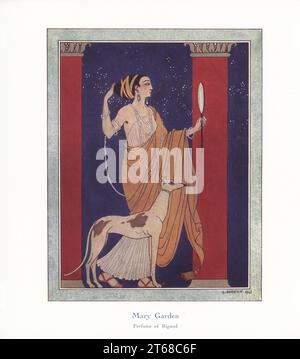 Arte promozionale per Mary Garden, profumo di Rigaud, 1913. È stato lanciato nel 1910 e successivamente interrotto. Prende il nome dal popolare cantante lirico scozzese-americano, 1874-1967. Una donna con un'acconciatura greca antica e un costume con corde di perle guarda in uno specchio tra due colonne. Illustrazione stampata a colori di George Barbier da Andre de Fouquieres i profumi di Rigaud, lettere di una ragazza parigina e americana, l'art des parfums, Lettres d'un Parisien et d'une Américaine, Maison Rigaud, Parfumeur, Parigi, 1915. Foto Stock