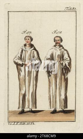 Cavaliere Templari in garb 'non più della croce' (177,178). L'Ordine dei Cavalieri Templari fu un ordine militare fondato nel 1118 da Hugues de Payens. Copiato da un'illustrazione di Jacques Charles Bar in Costums des ordres religieux et militaires, 1778 incisione a mano su copperplate dalla storica immagine di Robert von Spalart dei costumi del principale popolo dell'antichità e del Medioevo, Vienna, 1802. Foto Stock