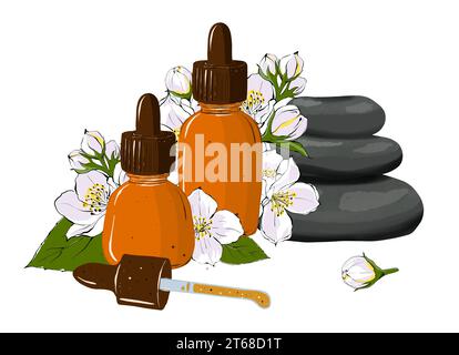 Bottiglie di vetro con olio aromatico, pietre massaggianti e fiori di gelsomino. Aromaterapia per spa e salone benessere. Illustrazione disegnata a mano isolata su di esso Foto Stock