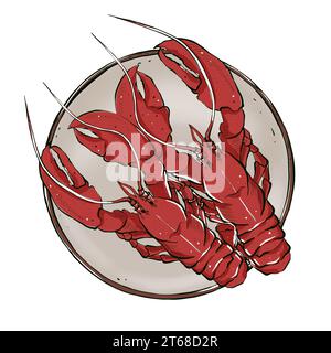 Aragoste rosse su un piatto in stile schizzo. Illustrazione disegnata a mano, isolata su sfondo bianco. Elemento grafico per il menu del ristorante di pesce Foto Stock