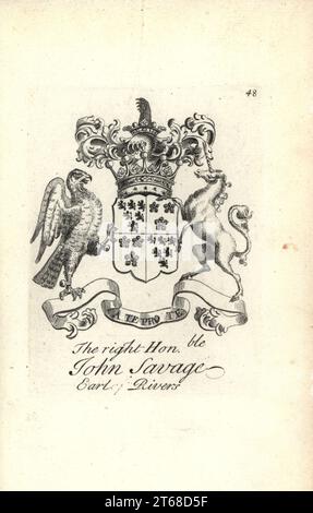 Stemma e stemma della destra onorevole John Savage, 5th Conte dei fiumi, 1665-1737. Incisione copperplate di Andrew Johnston dopo C. Gardiner da Notitia Anglicana, Che Spiega I Loro Successi di tutta La Nobiltà inglese, Andrew Johnson, The Strand, Londra, 1724. Foto Stock