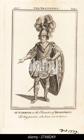 David Garrick nel personaggio di Demetrius in Edward Youngs the Brothers, Drury Lane Theatre, 1753. Garrick è stato un attore, drammaturgo, direttore teatrale e produttore inglese, 1717-1779. Incisione Copperplate di J. Thornthwaite su un'illustrazione di James Roberts del Bells British Theatre, composta dalle più stimate opere teatrali inglesi, John Bell, Londra, 1777. Foto Stock