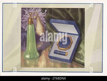 Regali di marca di cosmetici Avon, 1927. Confezione regalo compatta e con rossetto. Atomizzatore di profumo in vetro verde davanti a un crisantemo viola. Chromolithograph di un artista sconosciuto del catalogo dei prodotti della California Perfume Company (successivamente Avon), New York, Kansas, Montreal, 1927. Foto Stock