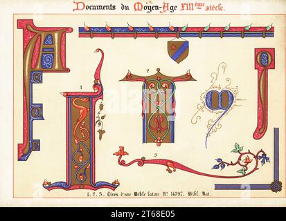 Initial A, bordo ed altri elementi con stemma da una Bibbia latina del XIII secolo, n° 14.397, Bibliotheque Nationale. Pneumatici de la Bibbia Latina No. 14.397 Bib. NAT. Chromolithograph progettato e litografato da Ernst Guillot dalla sua Ornementation des Manuscrits au Moyen-Age (decorazione da manoscritti del Medioevo), Parigi, 1897. Foto Stock