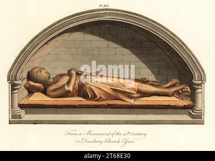 Effigie di un cavaliere normanno in armatura dalla chiesa di Danbury, 13 ° secolo. Monumento in legno intagliato di un uomo in tuta di armatura a catena di coif, huberk e tubo flessibile, con cappotto senza maniche. La sua mano destra raggiunge per la sua spada. Forse un San Clere o Sinclair famiglia Cavaliere Templari. Da un monumento del 12 ° secolo in Danbury Chiesa, Essex. Incisione a mano di Joseph Strutt dalla sua visione completa del vestito e delle abitudini del popolo d'Inghilterra, Henry Bohn, Londra, 1842. Foto Stock