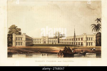 Bishops College, vicino a Calcutta (Calcutta), India., 1822. Fondata dal vescovo Thomas Middleton a Sidpur, sul lato del fiume Hoogly, nel 1820. (Ora parte del Bengal Engineering College.) Incisione su copperplate colorata a mano di Rudolph Ackermanns Repository of Arts, Literature, Fashions, Manufactures, ecc., Strand, Londra, 1822. Foto Stock