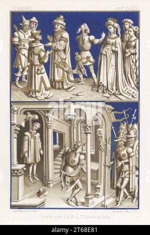 Scene della vita di Santa Caterina d'Alessandria, vergine e martire del IV secolo. Raffigurato in costume fiammingo del XV secolo. La vie de Sainte Catherine de Sienne. Grisailles tratto da le moindre des secretaires d'icelluy seigneur di Jean Mielot, MS Supplement Francais No. 540.2. Flandres, XVe siecle. Chromolithograph di Ferdinand Sere e Auguste Racine di Charles Louandres Les Arts Somptuaires, The Sumptuary Arts, Hangard-Mauge, Parigi, 1858. Foto Stock