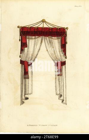 Tende per finestre francesi, 1811. Telo da cintura militare, in tessuto morino o kerseimere con bordo e frangia ricchi in rilievo. Rete tenda di vandyke muslin. Incisione a mano su copperplate dal repository di Upholsterer e Cabinet-Maker, composta da settantasei disegni di mobili moderni e alla moda, Rudolph Ackermann, Londra, 1830. Foto Stock