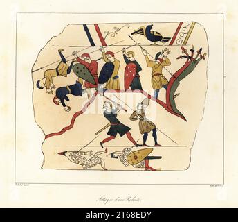Soldati anglosassoni circondati su una collina da soldati normanni nella battaglia di Hastings. Usano lancia, ascia da battaglia e scudo per difendersi. I soldati normanni giacciono morti ai loro piedi. Scene dell'arazzo di Bayeux raffiguranti la conquista normanna del 1066. Attaque dune Redoute. Litografia colorata a mano di Villain dopo un'illustrazione di Horace de Viel-Castel dalla sua Collection des Costumes, Armes et meubles pour servir à l'histoire de la France (Collezione di costumi, armi e mobili da utilizzare nella storia della Francia), Treuttel & Wurtz, Bossange, 1829. Foto Stock