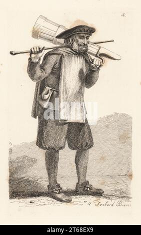 London Water carrier o tankard bearer, che forniva acqua dai condotti. Con personale e grande tankard con manico. In Tudor era cappuccio, asciugamani sulla parte anteriore e posteriore, tasca sulla cintura in vita, bretelle, manichetta e scarpe con fibbia. Il commercio è diventato obsoleto nell'era del re Giacomo I. Copiato da Henry Overton's trades and callings of London, pubblicato al White Horse Without Newgate. Incisione su copperplate disegnata e incisa da John Thomas Smith dalle sue grida di Londra, o Vagabondiana 2, a cura di Francis Douce, John Bowyer Nichols, Londra, 1839. Foto Stock